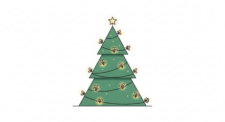 Fototapeta premium A green Christmas tree decorated with festive string lights and a star on top isolated on a white background