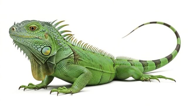 Detailed Studio Portrait of a Vibrant Green Iguana Isolated on a Clean White Background.