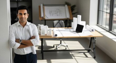 Young architect standing in modern office with plans