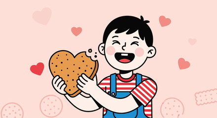 Fototapeta premium Joyful Child Consuming A Heart Biscuit Amidst Pastel Pink Background Design