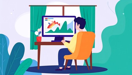 Man Working on Computer with Financial Charts at Home Office Desk.