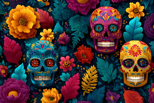 Day of the Dead skulls pattern. Day of the dead and exican Halloween texture. exican tradition festival.Day of the dead sugar skul isolated. Dia de los Mueros tattoo. Generative AI