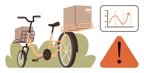 Cargo bike carrying packages with hills in the background, a performance chart indicating growth, and a caution sign. Ideal for delivery, logistics, growth analysis, challenges, efficiency