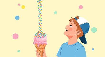 Obraz premium Joyful Child With a Delicious Ice Cream Cone in Colorful Illustration