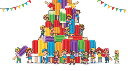 Obraz premium Joyful Children Building Colossal Ice Cream Structure in Vibrant Summer Scene