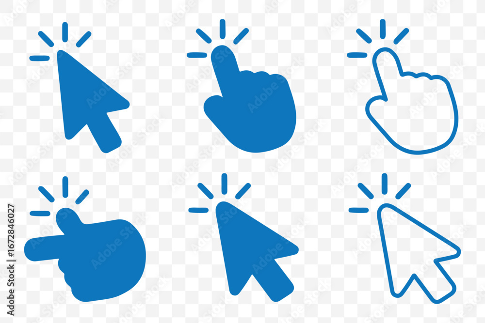 Poster blue mouse cursor and hand icons with click isolated