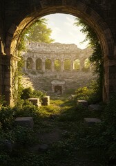 Fototapeta premium Sunlit ruin through archway, overgrown