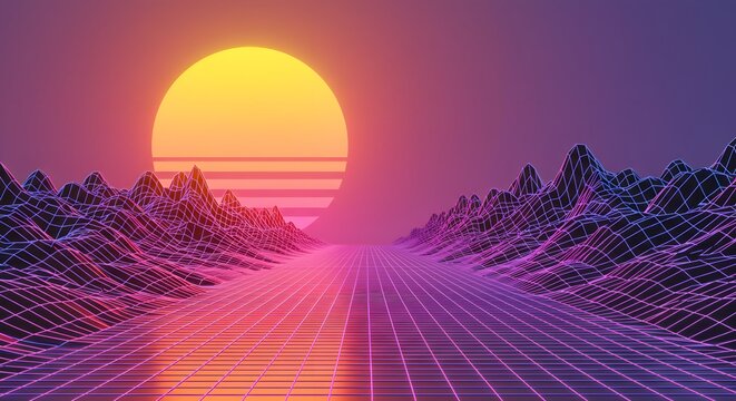 Digital Retro Landscape with Stars and Sun