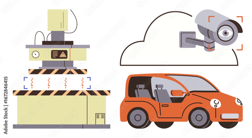Poster car safety testing using a crash test machine and monitored by a cloud-based surveillance camera. id