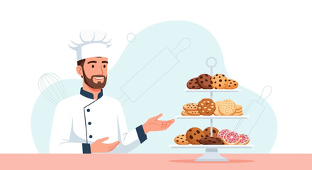 Illustrative Chef Displaying Gourmet Cookies, Bakery treats, and baked delights on a Platter