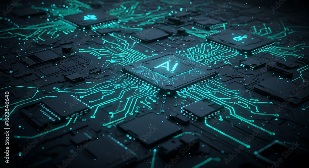Poster cybernetic core: an intricate depiction of a circuit board, illuminated with vibrant lines of digita