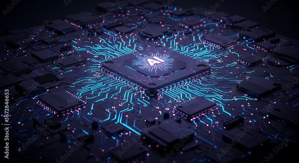 Poster ai integrated processor: a close-up view of a state-of-the-art computer chip, showcasing its intrica