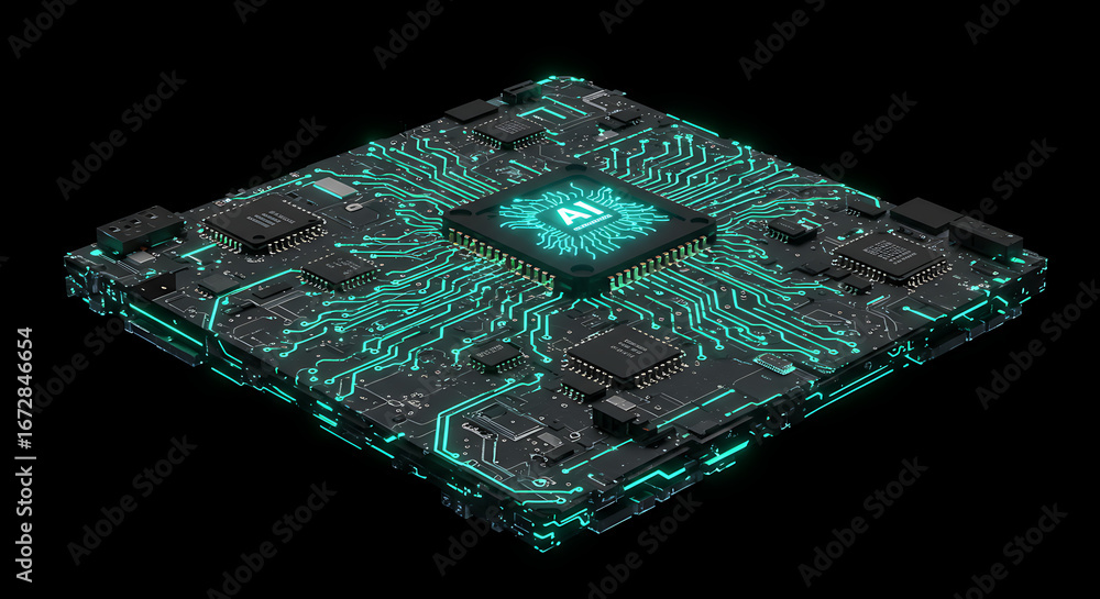 Poster cybernetic core: a neon-lit, futuristic circuit board, pulsing with intelligence and technological p