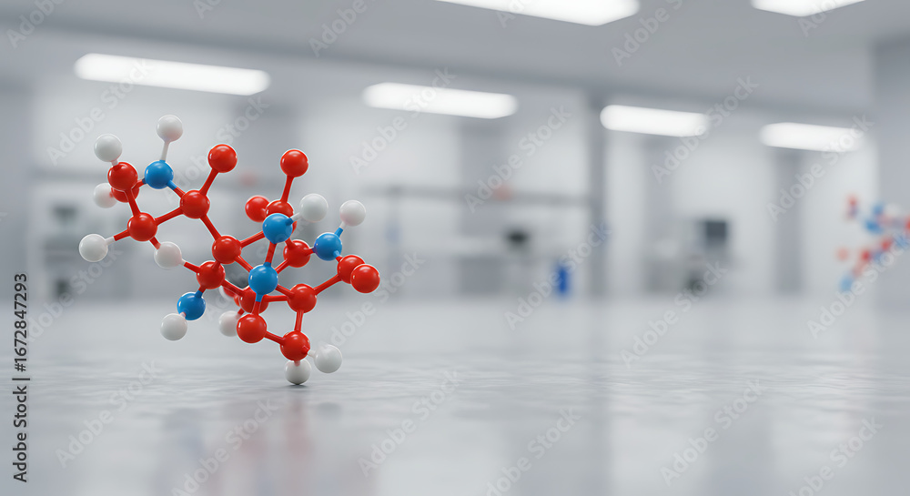 Poster molecular marvels: a dynamic molecular structure floats gracefully within a cutting-edge laboratory,