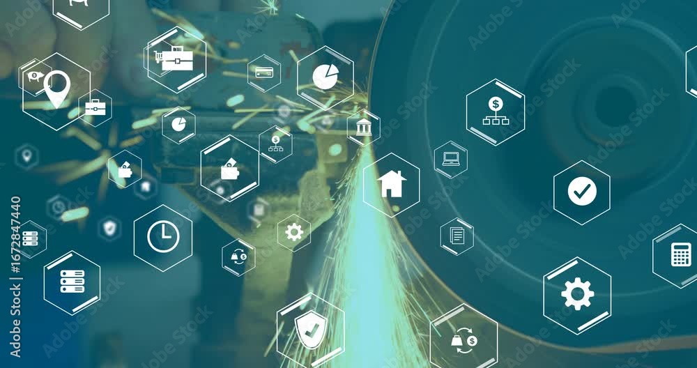 Poster worker pressing metal against grinder sparking and animating floating business data icons