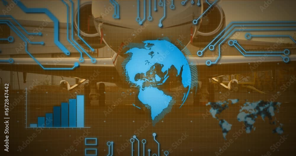 Poster on start digital globe animating circuit lines while rotating and rising chart showing flight data