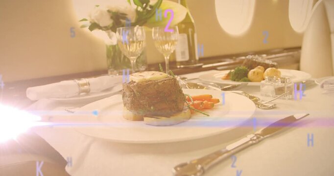 Flare emerging causing pastel symbols drifting over beef steak-and-carrots plate, cycling hues