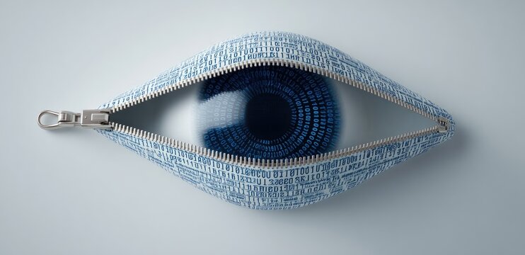 A digitally encoded eye, revealed by an open zipper, showcasing binary code patterns.
