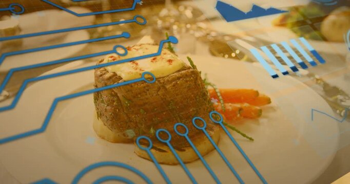 Circuit-style graphics fading in after one second anchoring on seared steak highlighting texture