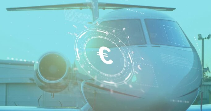 On start holographic ring rotating while camera panning around jet nose revealing engine details