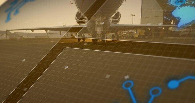 Overlay fading grid receding, jet nose emerging while globe materializing mapping airport network