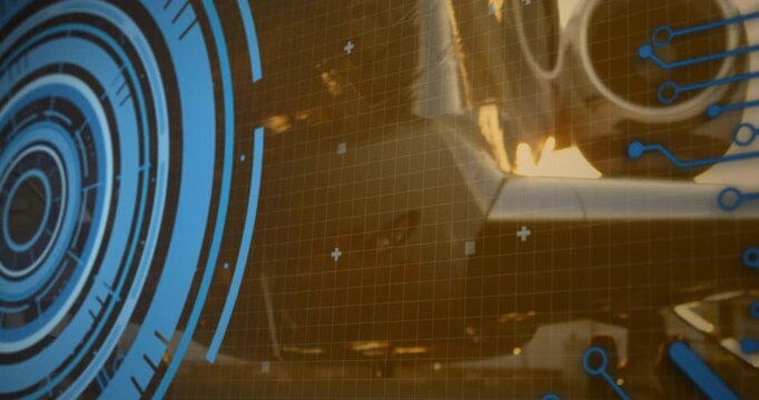 Scene opening grid backdrop blue HUD ring pulsing, code fading, engine rotating showing integration