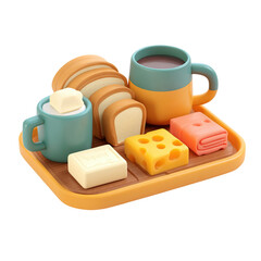Breakfast Tray Coffee with Bread, Cheese, and 3D Render.