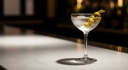 A classic martini with an olive garnish on a marble counter.