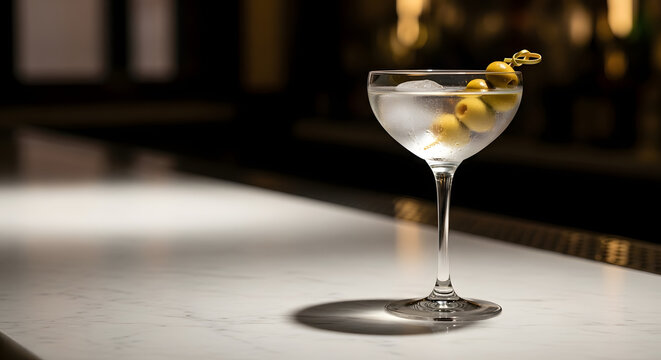 A classic martini with an olive garnish on a marble counter.