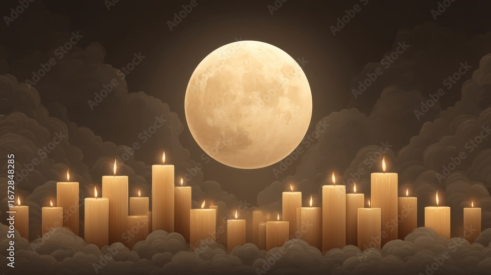 Poster ethereal night scene with glowing candles and full moon surrounded by soft clouds creating a serene 