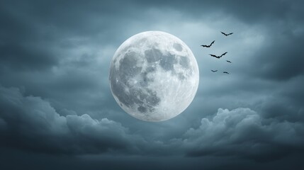 Full Moon Illuminates Dramatic Cloudy Sky with Silhouetted Bats in Flight at Night