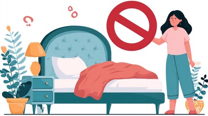 Woman holding a no sign near a bed