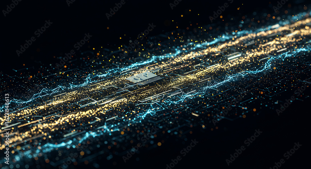 Aufkleber journey of light and data: a visualization of a data stream, a shimmering road of information and en
