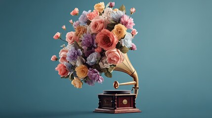 A vintage gramophone adorned with colorful flowers, creating a whimsical blend of music and nature against a blue backdrop.