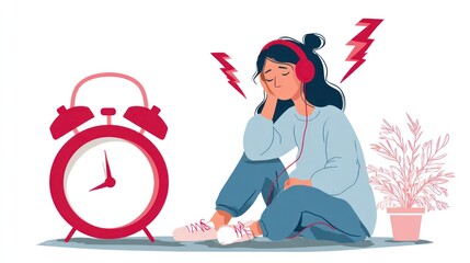 Tired woman listening to an alarm clock