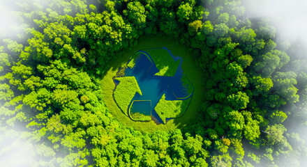 Aerial view of a stunning eco-friendly recycle symbol formed by nature in lush forest