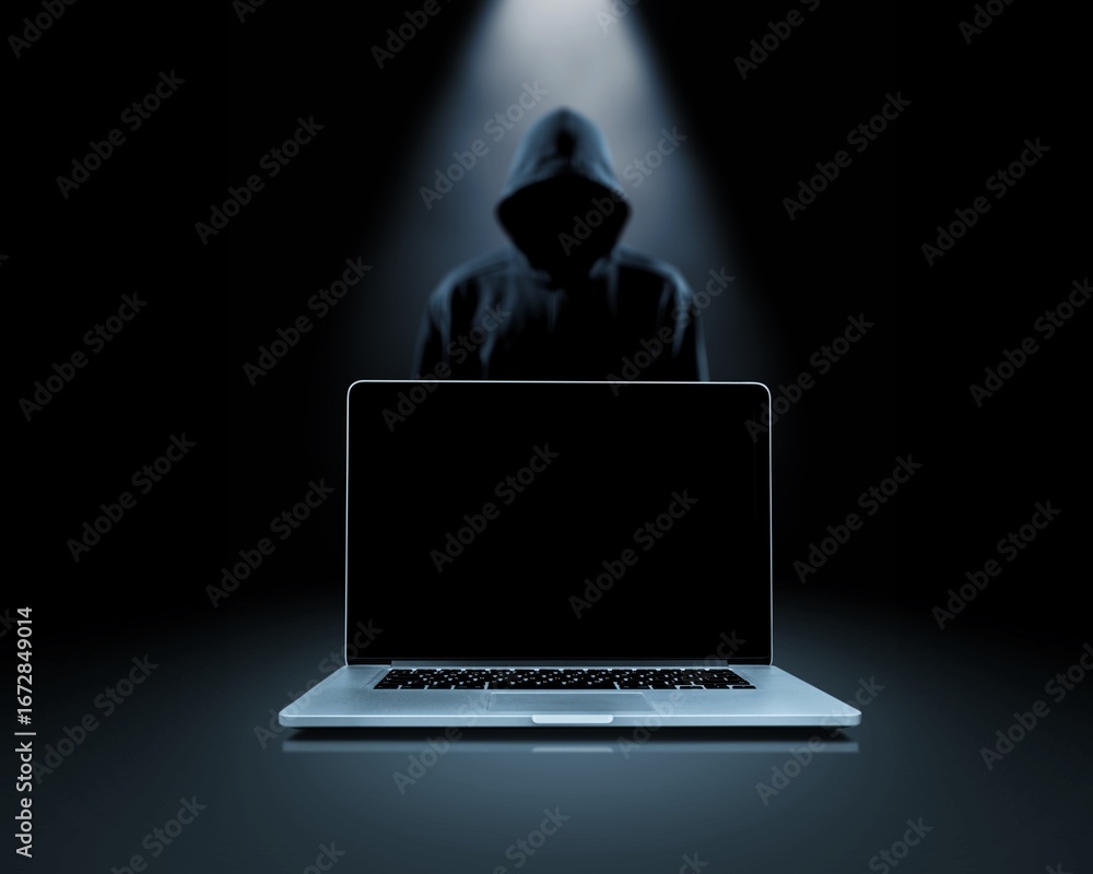 Poster crime and attack concept by hacker with laptop computer