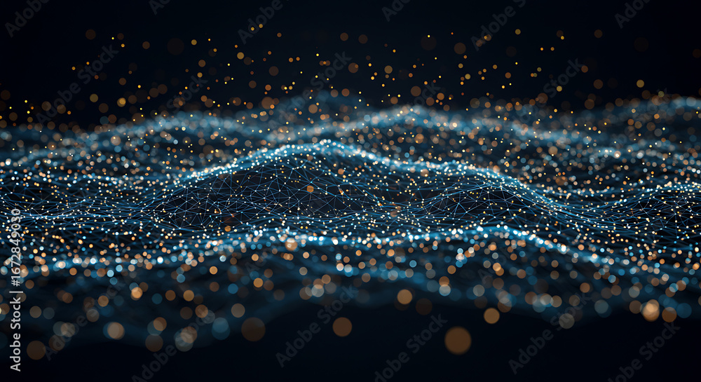 Poster abstract particles: an artistic depiction of digital particles floating weightlessly, mimicking the 