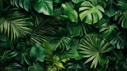 Jungle tropical foliage background. Green lush pattern texture card