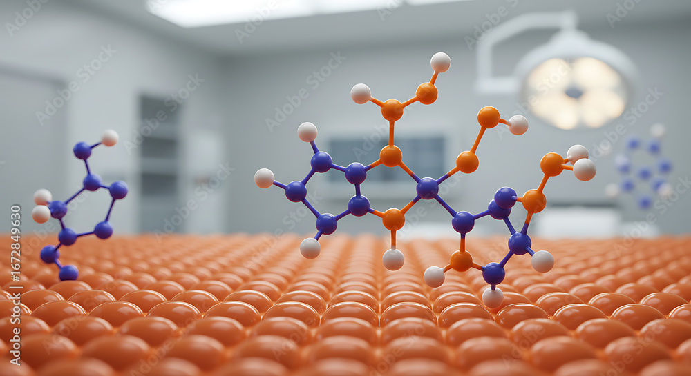 Fototapete molecular interaction: an abstract display of interconnected molecules floating over a textured surf