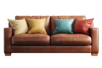 Three-Seater Brown Couch with Bright Assorted Pillows, Top Perspective, Isolated on Transparent Background.