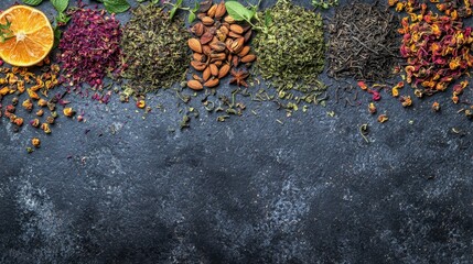 Obraz premium Set of different herbal and fruit dry teas on stone table. Top view flat lay with copy space