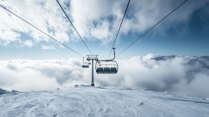 Ski lift over clouds on winter resort