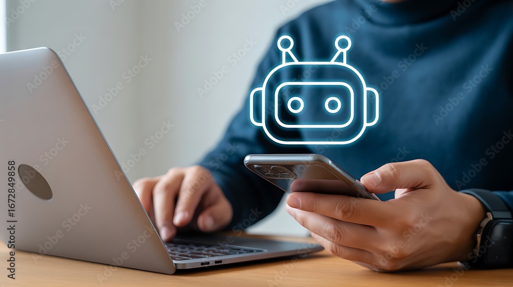 Poster a person typing on a laptop and holding a phone engages with a conversational ai chatbot for automat