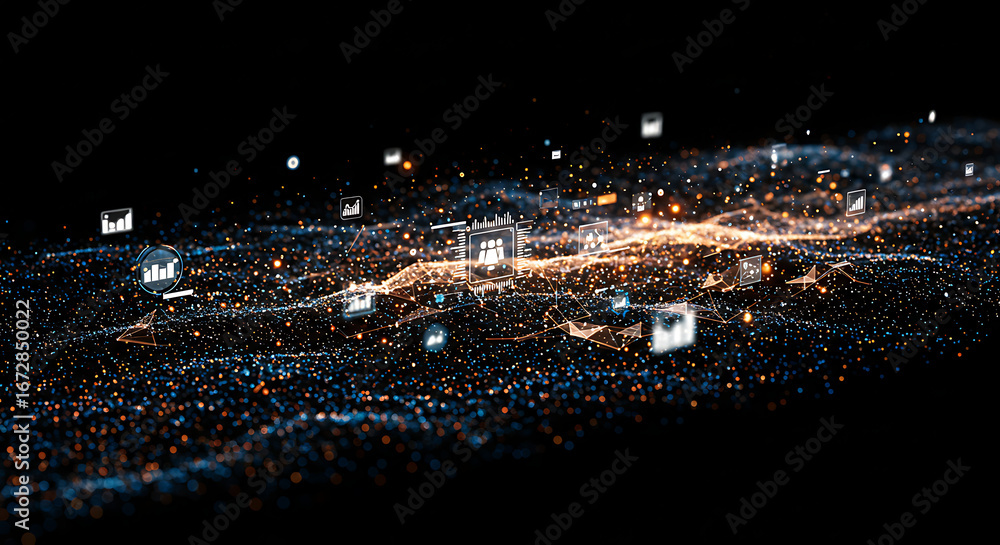 Poster data universe of information: a vibrant digital composition visualizes data streams flowing through 