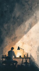 A solitary figure works at a desk illuminated by a lamp, surrounded by shadows, creating a contemplative atmosphere.