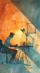 Fototapeta premium A solitary figure works at a desk, illuminated by warm light, with artistic tools surrounding them in a serene, creative environment.