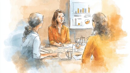 A team meeting featuring three women discussing data while seated at a table, with presentation visuals in the background.