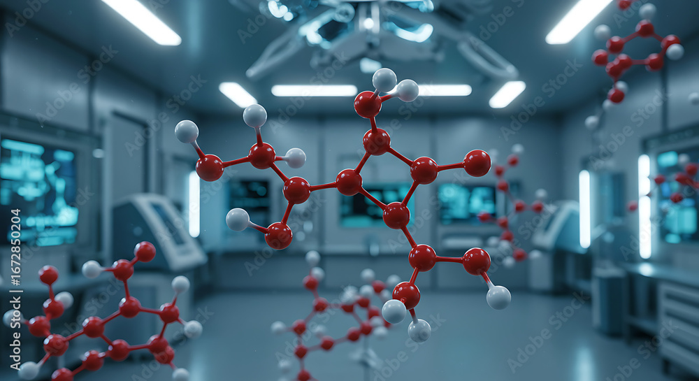 Poster molecular structure in lab: this image shows a vivid molecular structure suspended in a sterile lab 