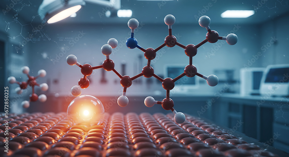 Poster molecular marvel: a dazzling display of molecular structures, set in a sleek laboratory environment,